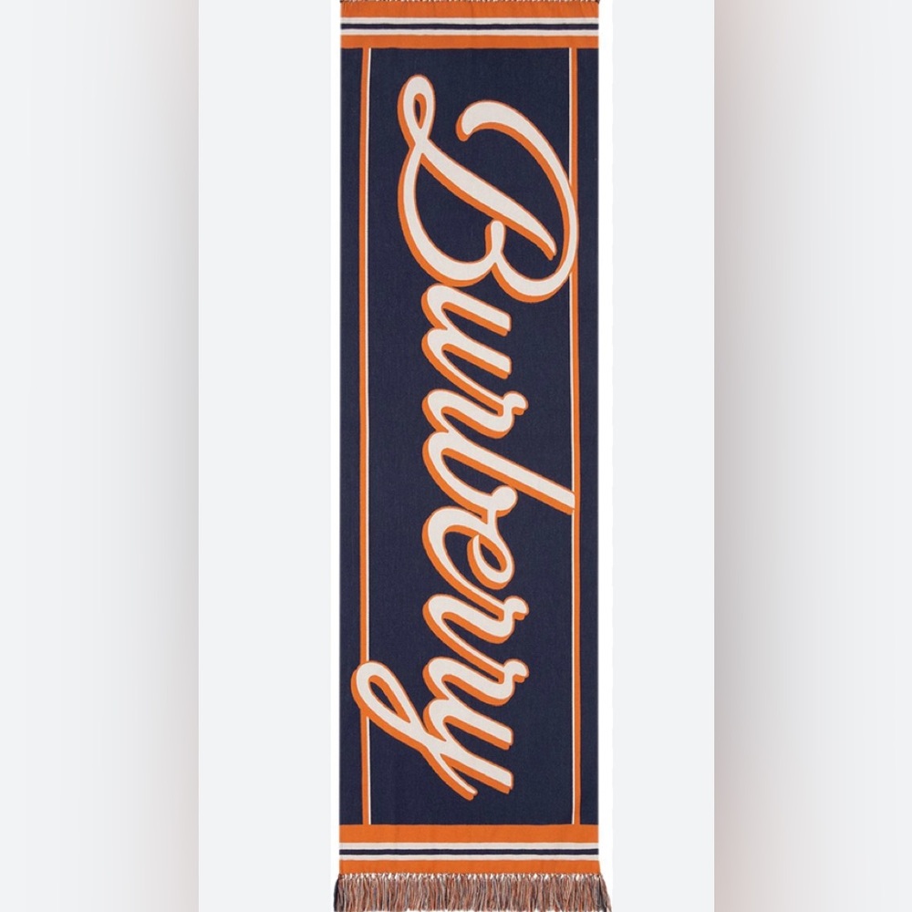 Burberry Script-Logo Cotton Scarf in Navy with Orange Trim